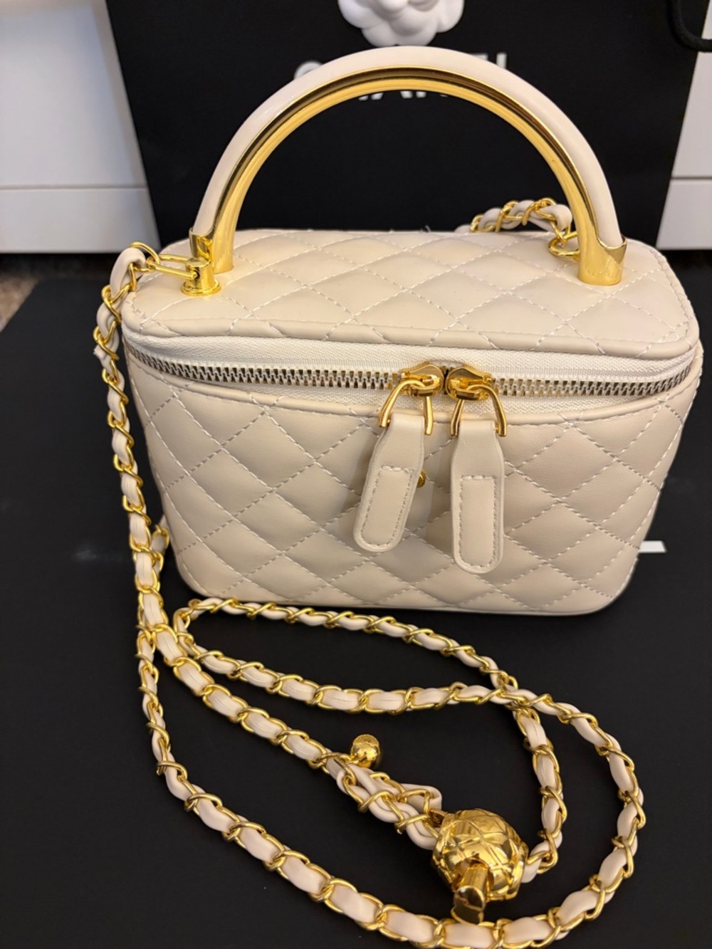 Vanity Cream Top-Handle quilted cream Bag with Gold Chain